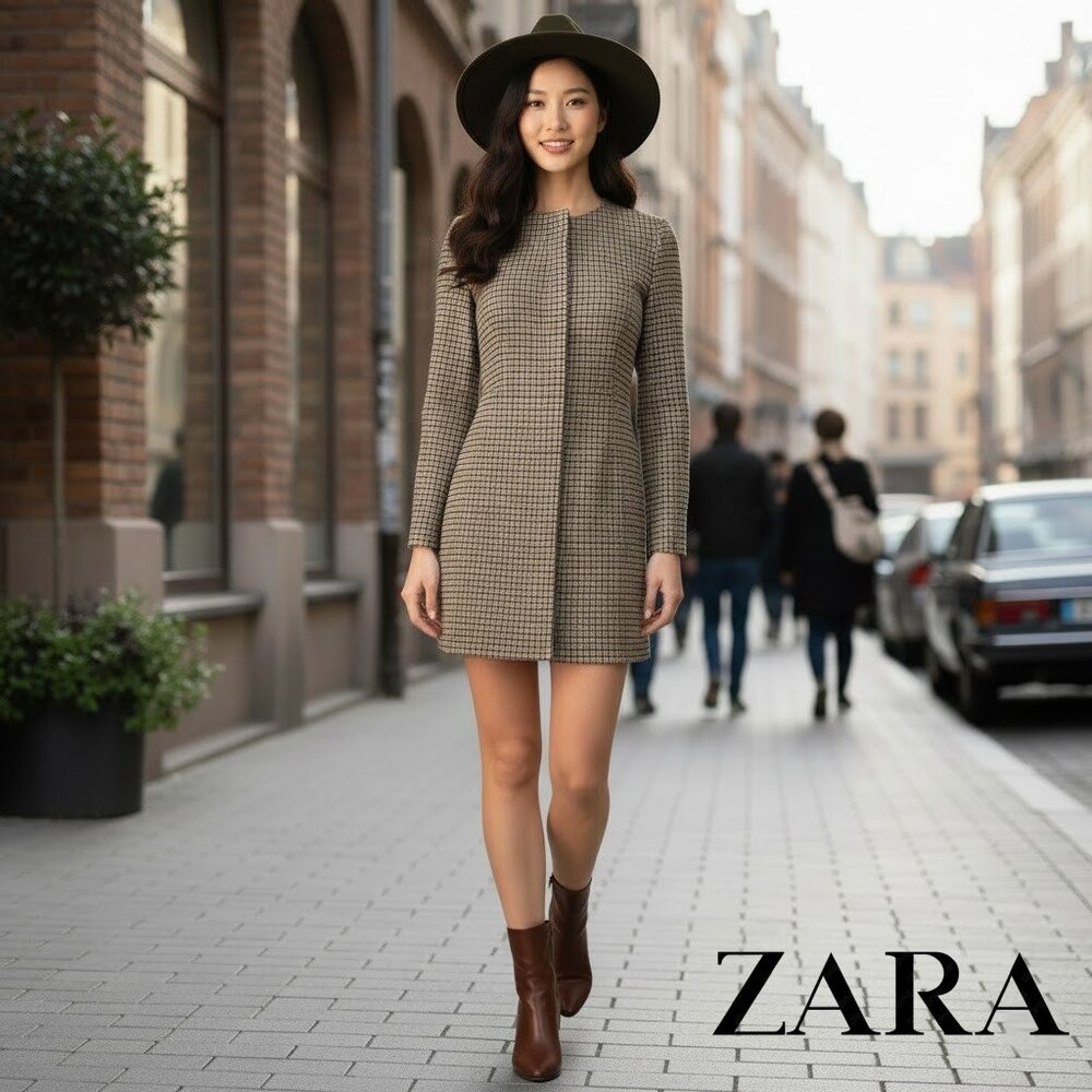 Zara NWOT Brown Black Houndstooth Frock Coat Dress
